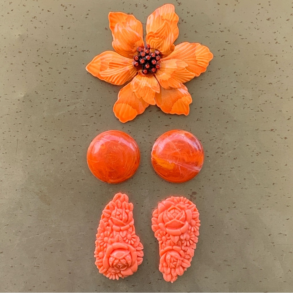 Set Orange Enamel Acrylic Upcycled Repurpose Vintage Jewelry Refrigerator Magnet